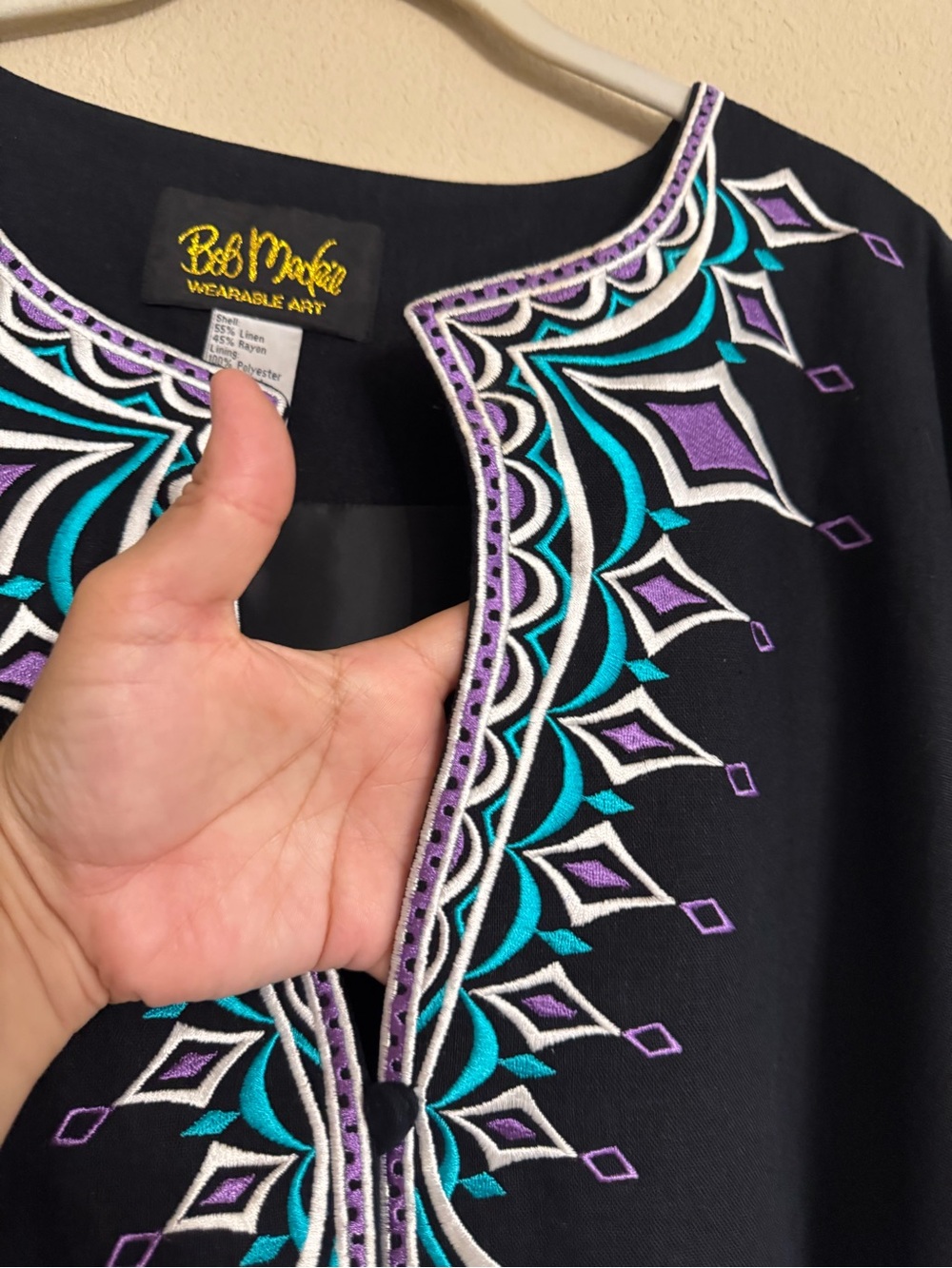 Bob Mackie Wearable Art Womens Plus Size 3X Embroidered Jacket Linen Black Blue - Picture 5 of 16
